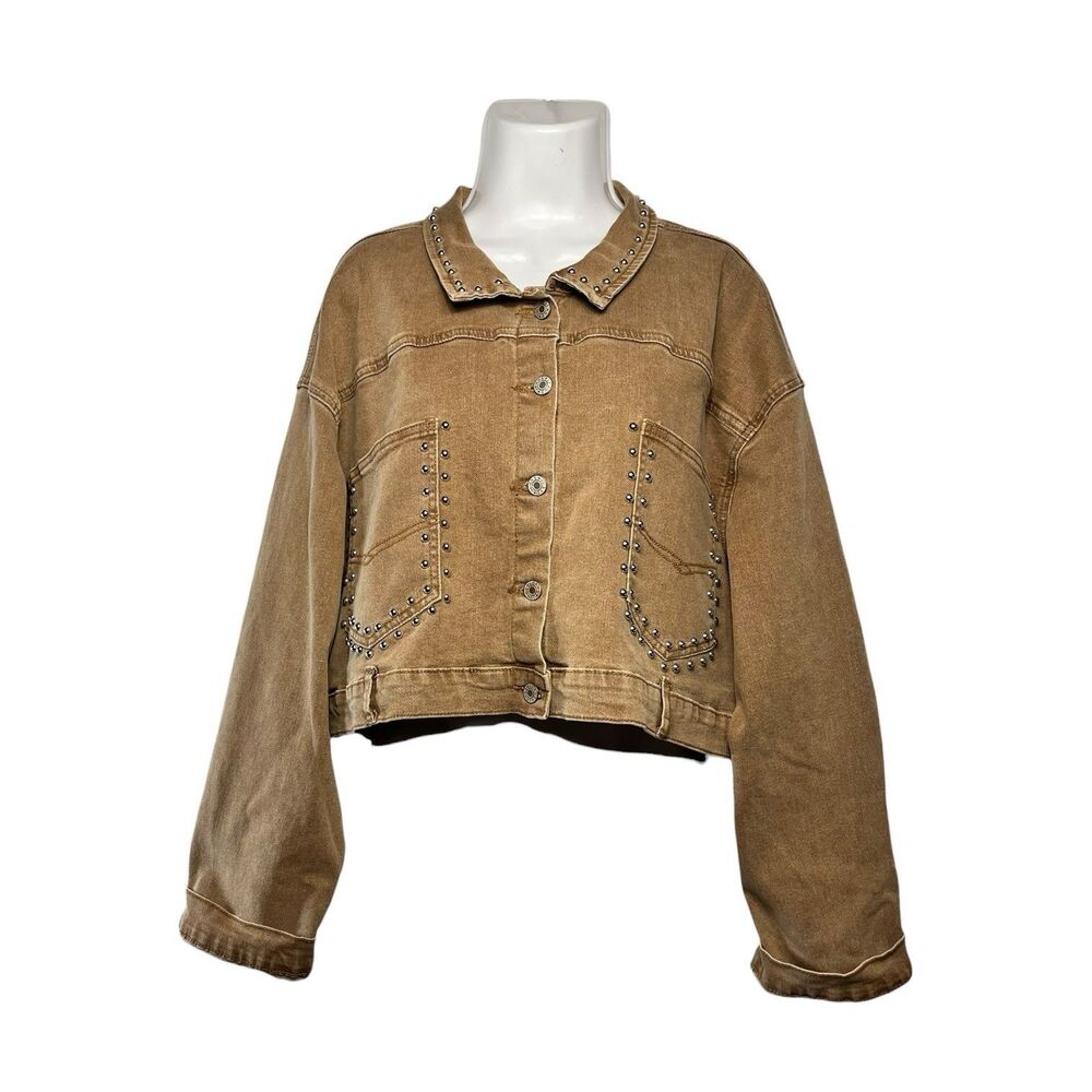 Women’s 4XL Cropped Denim Jacket Studded Tan Brown Collared
